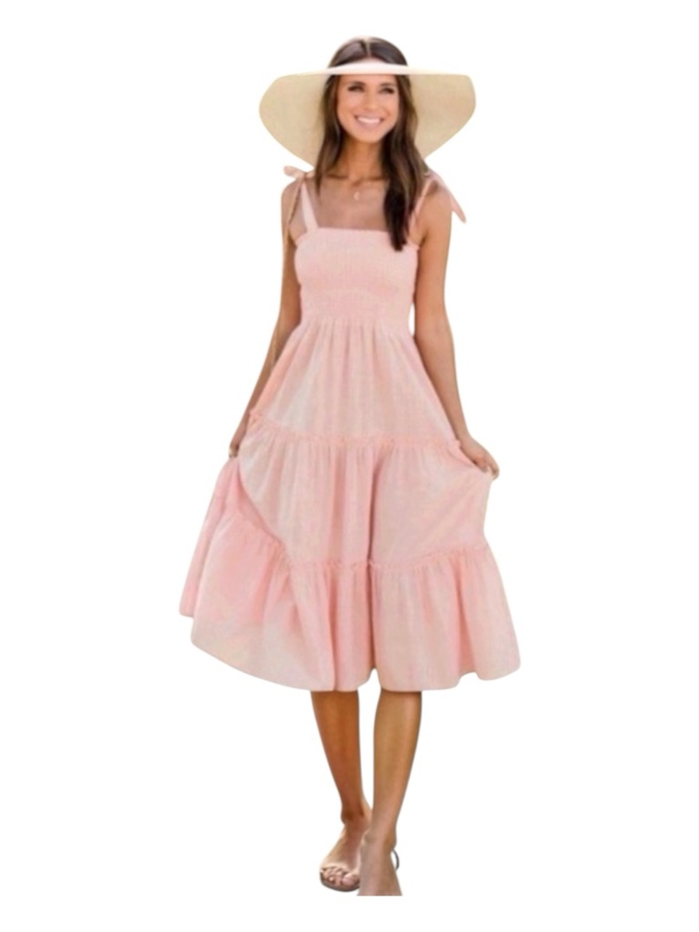 BLUE BLUSH Tiered Midi Dress, Smocked Top, Shoulder Strap Ties, Size S.